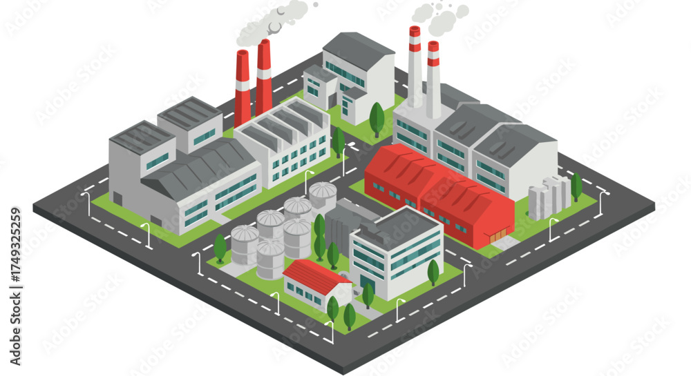 Fototapeta premium Isometric industrial complex with factories and chimneys in urban setting