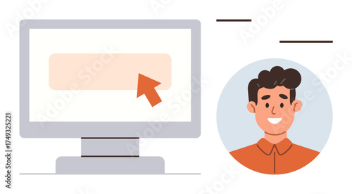 Smiling man portrait next to desktop monitor screen with orange cursor. Ideal for technology, communication, user interface, web development, online interaction, social media, and digital marketing