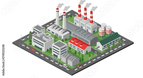 Industrial complex isometric design with factories and roads