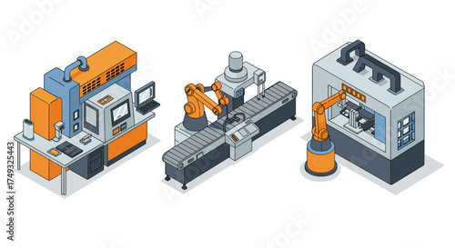 Isometric industrial robots and machines in a modern factory setting