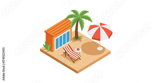 Tropical beach retreat with palm, sun lounger, and seaside umbrella in isometric art