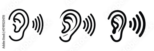Minimal outline human ear with sound waves icon, hearing icon and logo symbol, audio vector illustration, communication, technology, modern flat Icon
