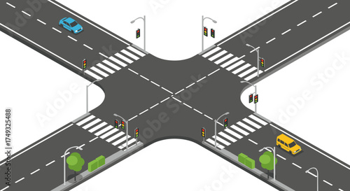 Urban intersection isometric design with crosswalks and traffic lights