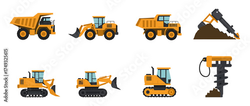 A collection of eight yellow construction vehicles and drilling tools isolated on white