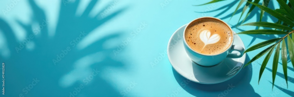 Obraz premium Dalgona coffee, frothy texture, classic blue background, palm shadow , stock photo, creamy