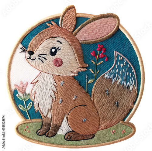 Adorable embroidered bunny artwork brings whimsical charm, perfect for children's designs, greeting cards, or cute animal-themed projects that need a touch of handmade love