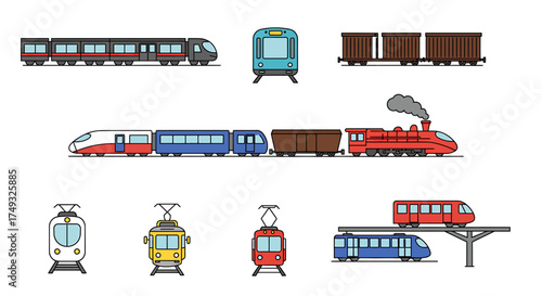 Collection of stylized illustrations of various types of trains trams and railcars