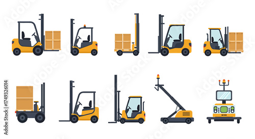 Collection of ten yellow and dark gray industrial material handling vehicles on a white background