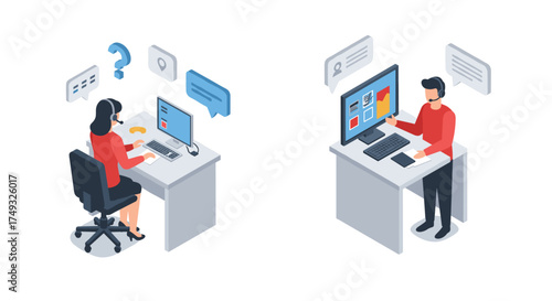 Isometric office communication: woman with headset, man at desk with computer monitors