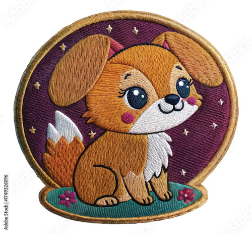 Whimsical embroidered puppy patch with bright eyes and cute tail, perfect for kids crafts or cheerful design elements, adding a touch of playful charm