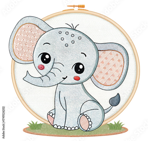 Adorable baby elephant cartoon character in embroidery hoop for nursery decor, kids' crafts, invitations, and uplifting designs, bringing smiles to any project
