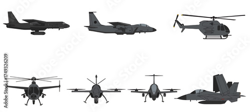 Eight dark gray military aircraft illustrations in two rows