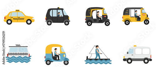 Eight icons depicting various modes of transportation including cars rickshaws a boat and a van