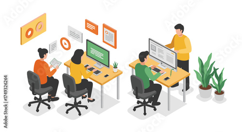 Collaborative office workspace in isometric style with digital interactions