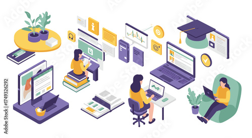 Remote learning and digital education isometric concept with laptops and online courses