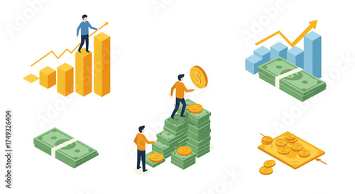 Isometric financial growth illustrations with business figures and rising graphs
