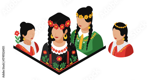 Colorful isometric portraits of women in traditional mexican dresses and floral accessories