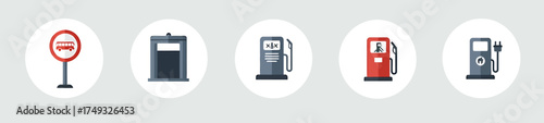 Five circular icons depicting transportation and fueling stations