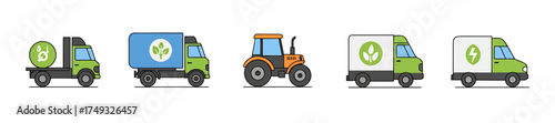 Five icons depicting various trucks and a tractor related to transport and ecology