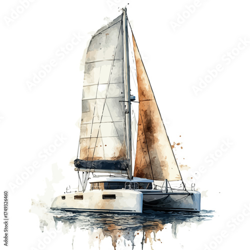 Catamaran, watercolor drawing vector, isolated on a white background.