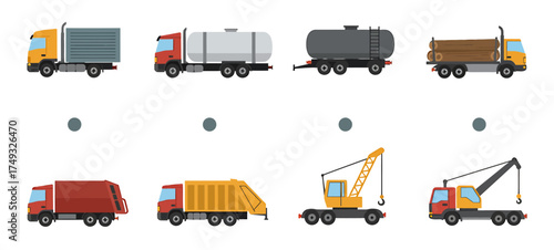 Eight specialized trucks arranged in two rows separated by dots