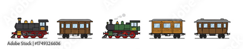 Five sideview illustrations of steam locomotives and passenger train cars