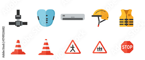Flat design icons showing safety gear traffic signs and an AC unit