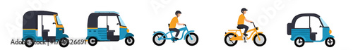 Five vehicles three autorickshaws and two riders on motorized bicycles