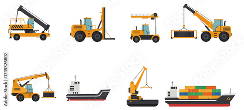 Flat icons of various cargo handling vehicles and ships