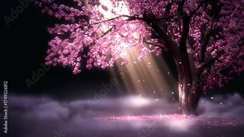 Pink cherry blossom petals falling, background video, cherry blossoms in 3D space, spring petals falling, beautiful romantic stage background video, dance background, loop video.