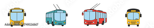 Four distinct cartoon buses including two trolleybuses on a white background