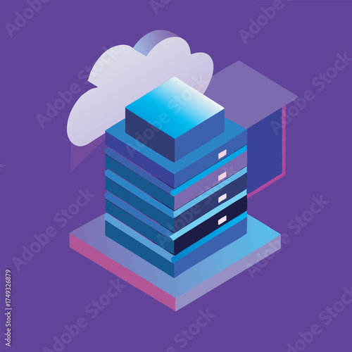 Isometric cloud computing server rack with data storage and network connections