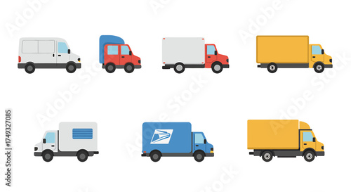 Six stylized vector illustrations of delivery and utility trucks on a white background