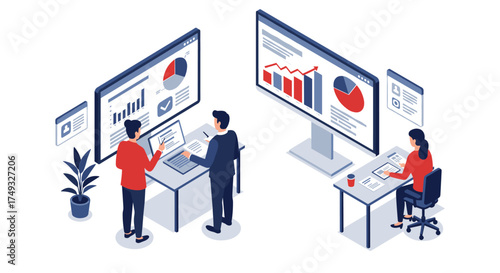 Office team analyzing data on digital platforms in isometric style