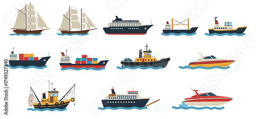 Twelve distinct cartoon illustrations of various watercraft arranged in three rows