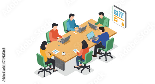 Isometric office meeting with six people working on laptops at a conference table