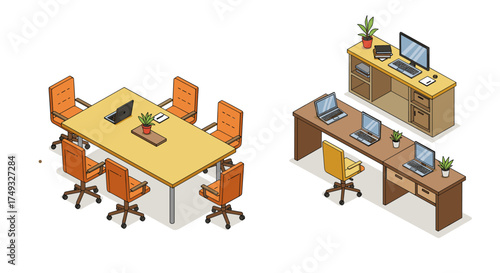 Modern office setup with meeting table and workstation in isometric style