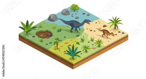 Isometric prehistoric dinosaur landscape with forest and desert biomes