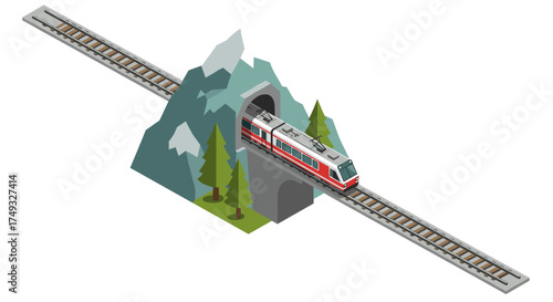 Isometric train passing through mountain tunnel with snow and trees