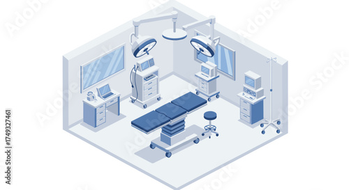 Modern isometric design of sterile hospital operating room with medical equipment