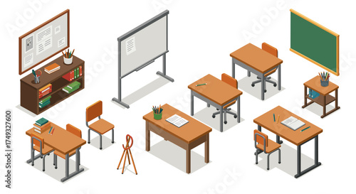 Isometric classroom furniture with desks, chairs, whiteboard, and bookshelves
