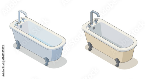 Isometric dual bathtubs with vintage style and modern fixtures on white background
