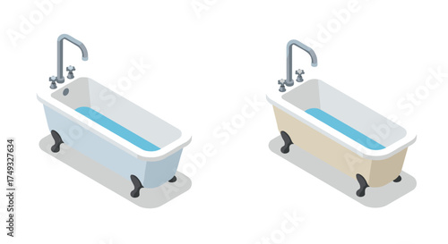 Isometric bathtub set with classic clawfoot design and modern colors