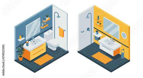 Modern isometric bathroom design with bright colors and stylish decor elements