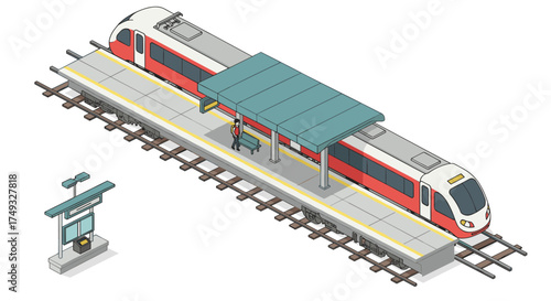 Modern isometric train station with passengers on platform