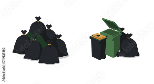 Recycling bins and garbage bags: waste management concept in isometric design