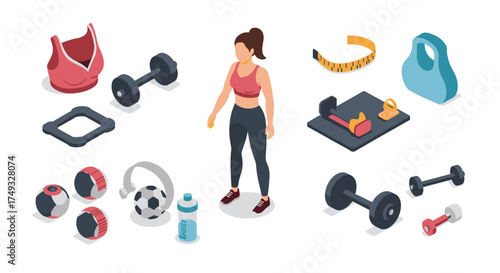 Fitness equipment and woman in isometric style with dumbbells, weights, and accessories