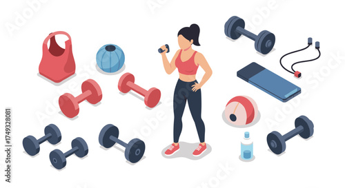 Fitness equipment and workout essentials in modern isometric style