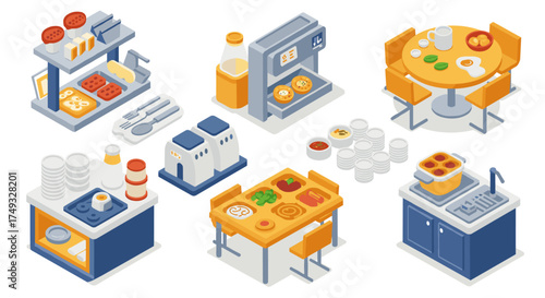 Isometric kitchen breakfast setup with appliances and food on table