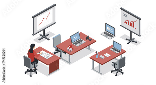 Isometric office workspace with desks and computers in modern design